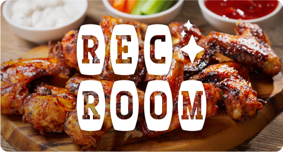 Rec Room text in front of a plate of cooked chicken wings